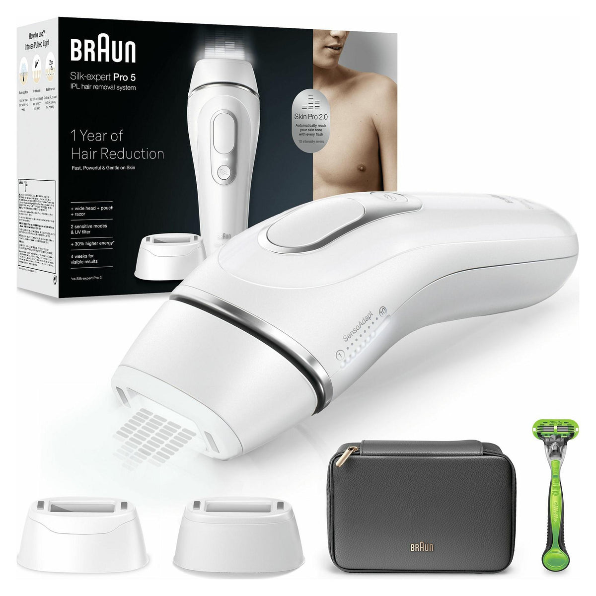 Silk-expert Pro IPL PL5145 (wei/silber, inkl. Tasche + Breiter Aufsatz + Gillette Body Rasierer)