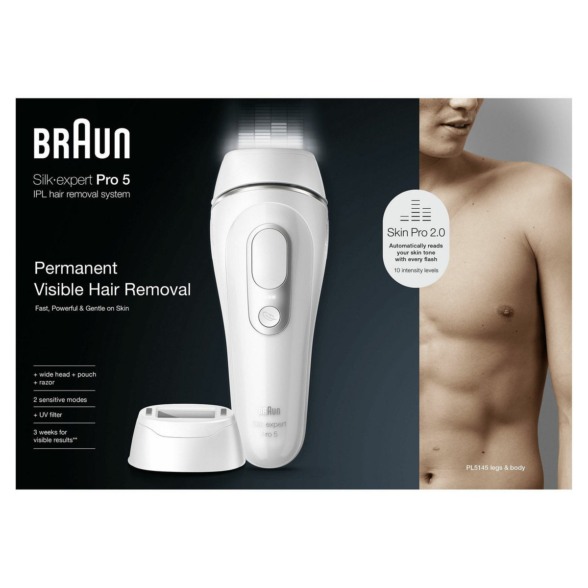 Silk-expert Pro IPL PL5145 (wei/silber, inkl. Tasche + Breiter Aufsatz + Gillette Body Rasierer)