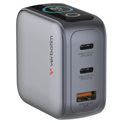 Verbatim Mini GaN Charger 3 Port 65W w Display (EU/UK/US)