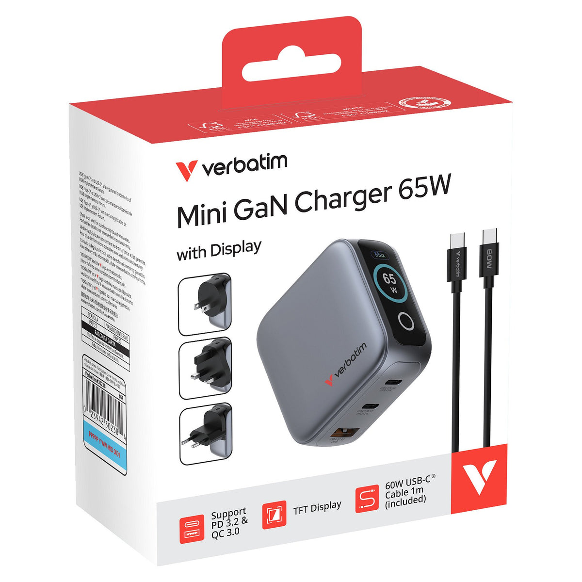 Verbatim Mini GaN Charger 3 Port 65W w Display (EU/UK/US)