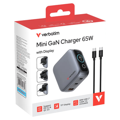 Verbatim Mini GaN Charger 3 Port 65W w Display (EU/UK/US)