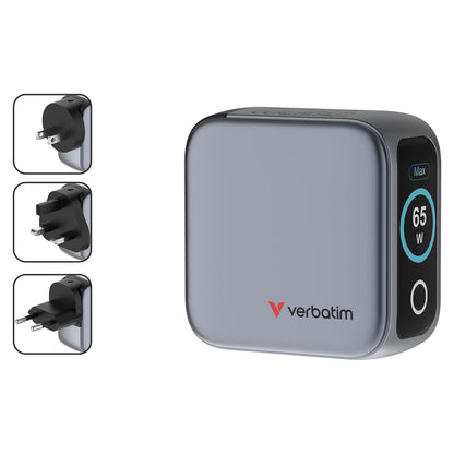 Verbatim Mini GaN Charger 3 Port 65W w Display (EU/UK/US)