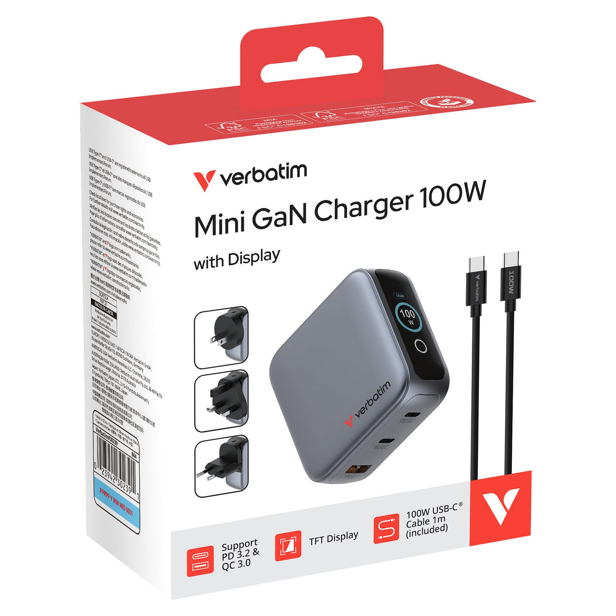 Verbatim Mini GaN Charger 3 Port 100W w Display (EU/UK/US)