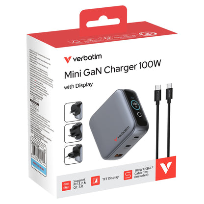 Verbatim Mini GaN Charger 3 Port 100W w Display (EU/UK/US)