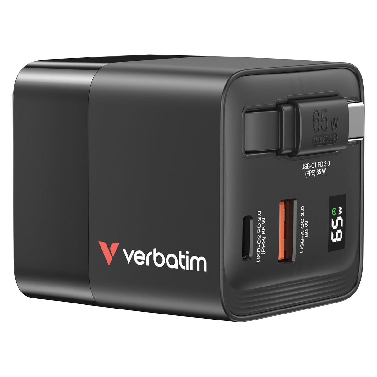 Verbatim GaN Charger 2 Port 65W retractable cable (EU/UK/US)