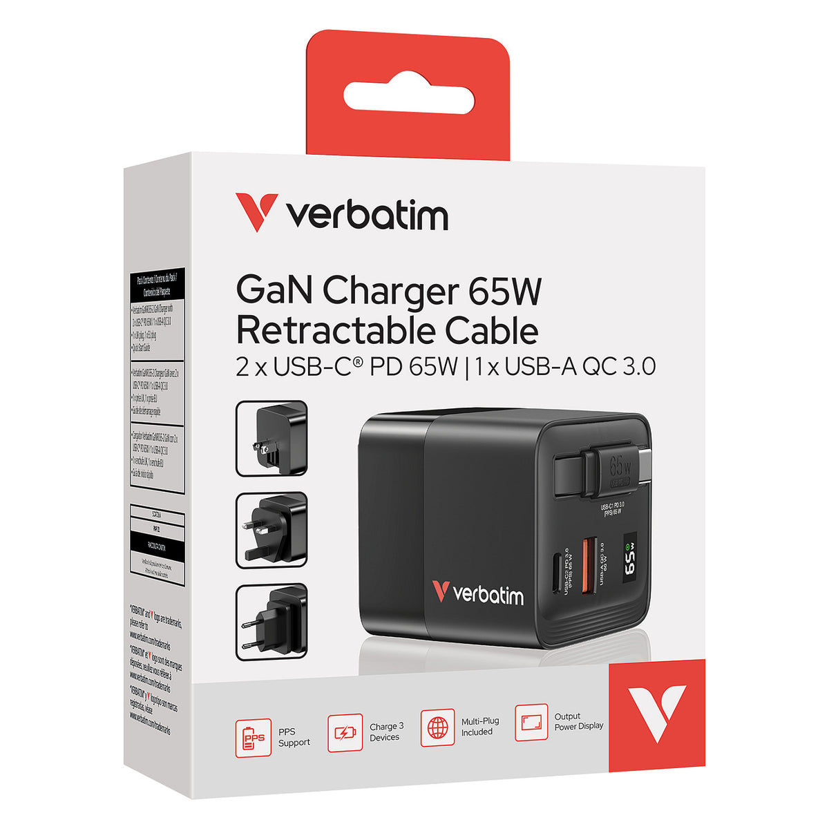 Verbatim GaN Charger 2 Port 65W retractable cable (EU/UK/US)