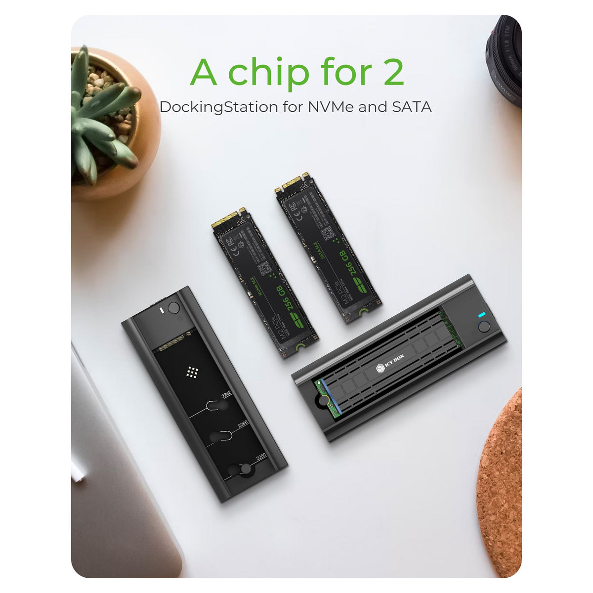 ICY BOX M.2 NVMe & SATA Docking, USB 3.2 Gen 2 Type-C®, Werkzeuglos, Aluminium, schwarz