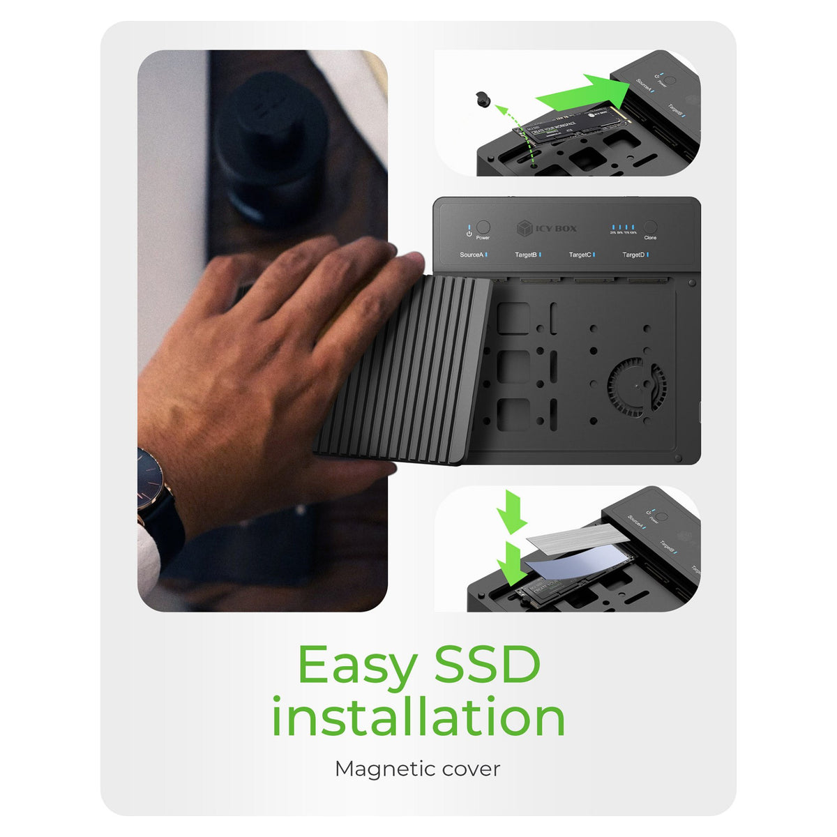 ICY BOX 4 fach Clone und DockingStation für M.2 NVME SSDs, USB 4.0 Host 40 Gbit/s