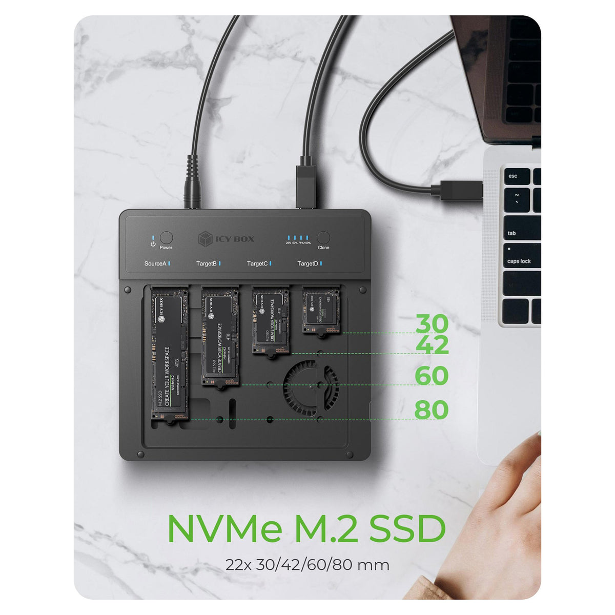 ICY BOX 4 fach Clone und DockingStation für M.2 NVME SSDs, USB 4.0 Host 40 Gbit/s