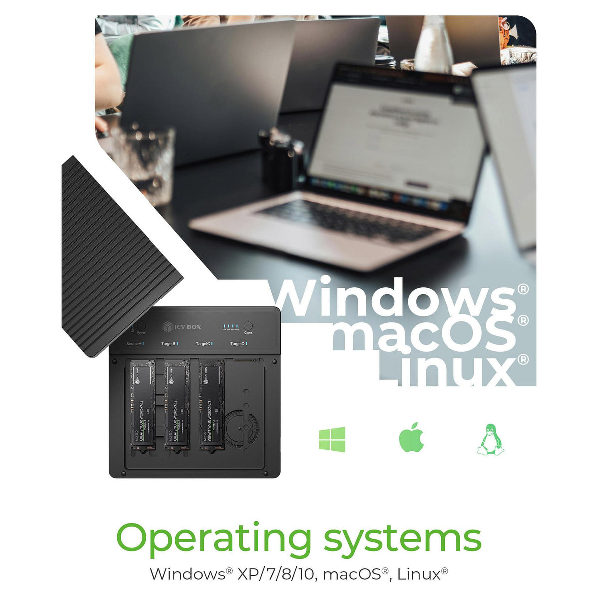 ICY BOX 4 fach Clone und DockingStation für M.2 NVME SSDs, USB 4.0 Host 40 Gbit/s