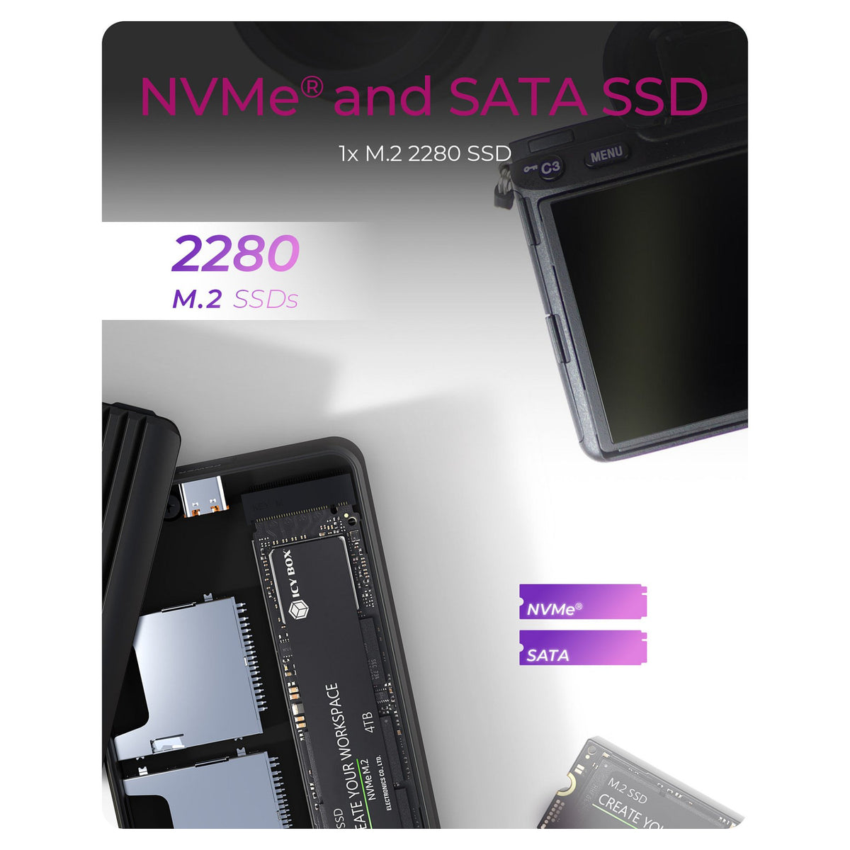 ICY BOX M.2 NVMe/SATA SSD Gehäuse mit Kartenleser 2x SD 4.0, Host USB 3.2 Gen 2 Type-C+A 10 Gbit/s