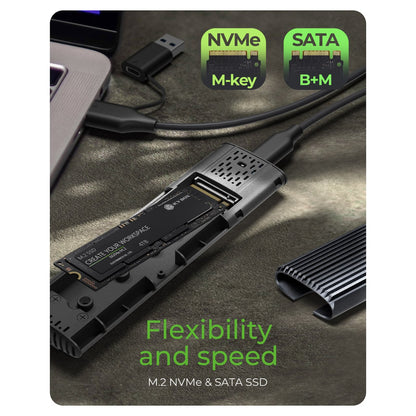 ICY BOX M.2 NVMe & SATA M.2 SSD Gehäuse, USB 3.2 (Gen 2) Type-C®/A, M-Key Sockel, Werkzeuglos, Schreibschutz
