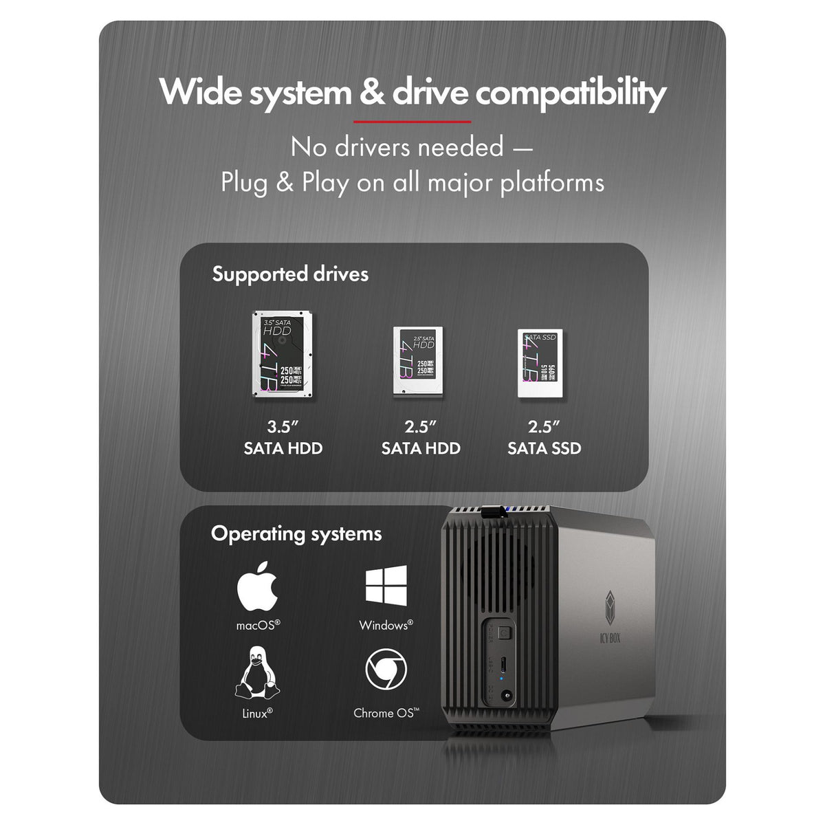 ICY BOX RAID-System, 2x 2,5"/3,5" SATA HDD, 1x USB 3.2 Gen 1 Host 5 Gbps, RAID 0,1, Large, Single