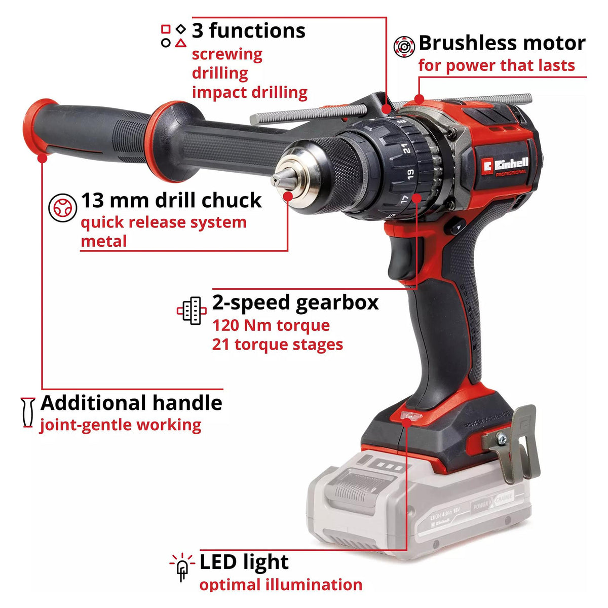 Professional Akku-Schlagbohrschrauber TP-CD 18/120 Li-i BL - Solo, 18Volt (schwarz/rot, ohne Akku und Ladegert)