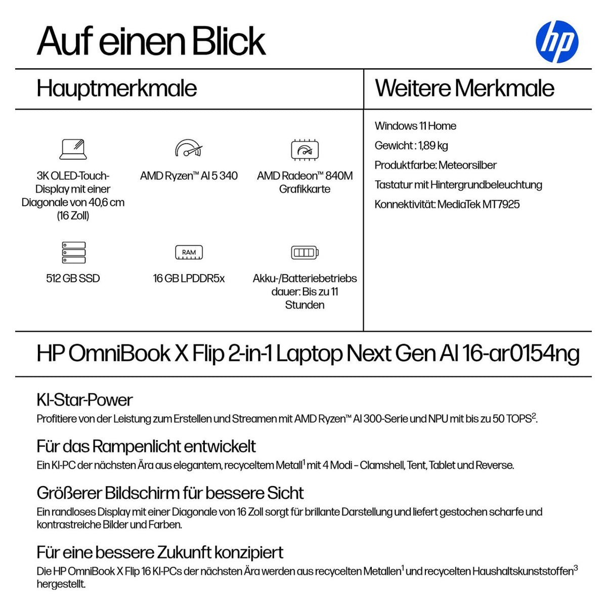 HP OmniBook X Flip 16-ar0154ng RYZ AI 5 340/16GB/512SSD/W11 Home