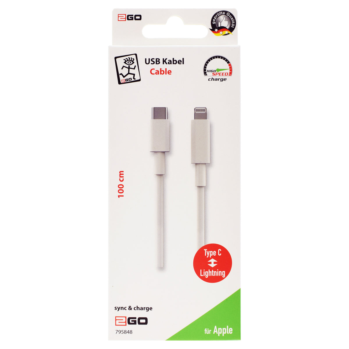 2GO USB Datenkabel Type-C 3.1 auf Lightning 1m weiß