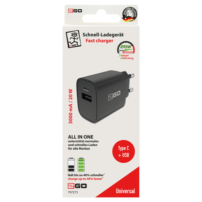 2GO Ladegerät 20W 2-Port 1x USB-A u. 1x USB-C schwarz