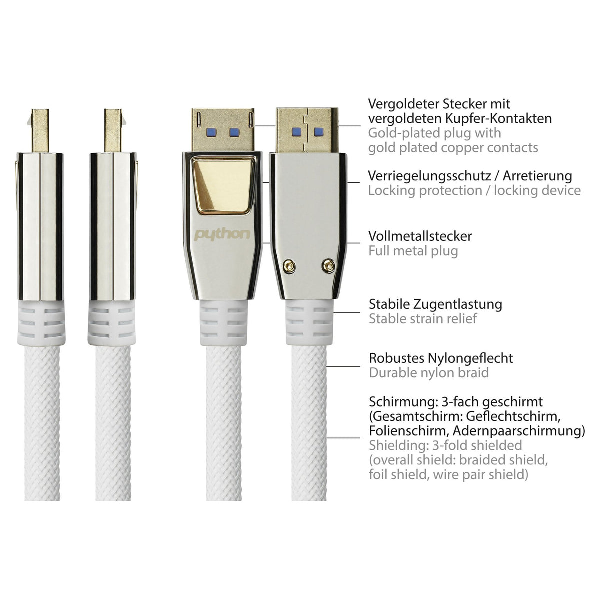 Python DisplayPort 2.0 Kabel Nylongeflecht weiß 2m