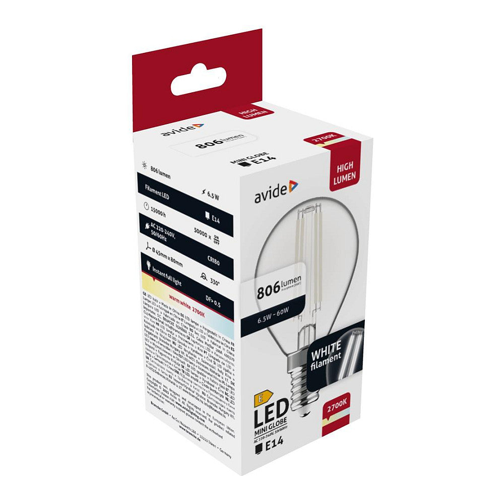 Avide LED Birne White Filament Mini Globe 6.5W E14 WW 2700K