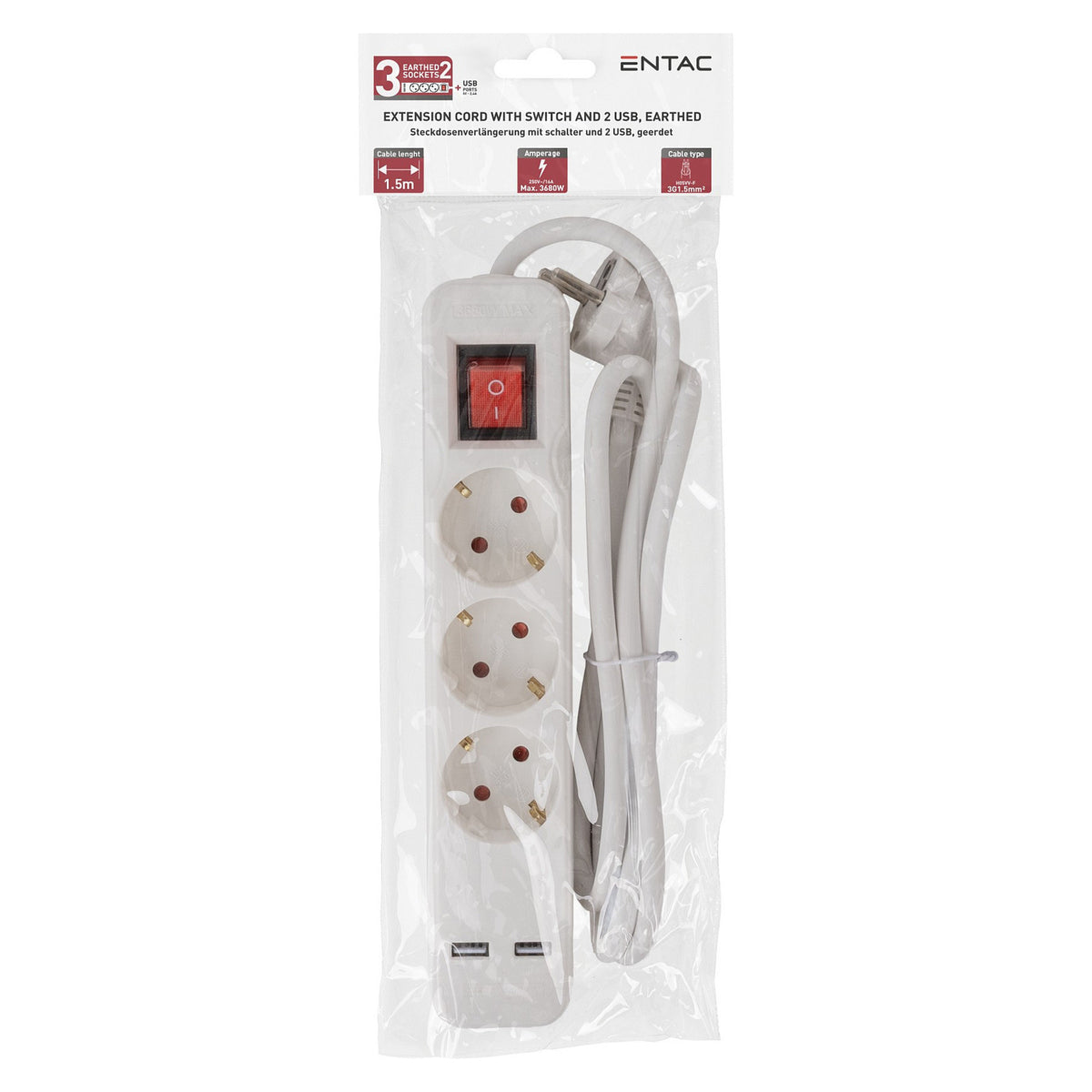 Entac Steckdosenleiste 3fach mit USB 1,5m Schalter weiß