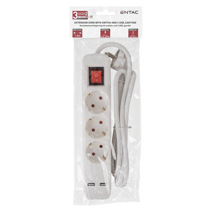 Entac Steckdosenleiste 3fach mit USB 1,5m Schalter weiß