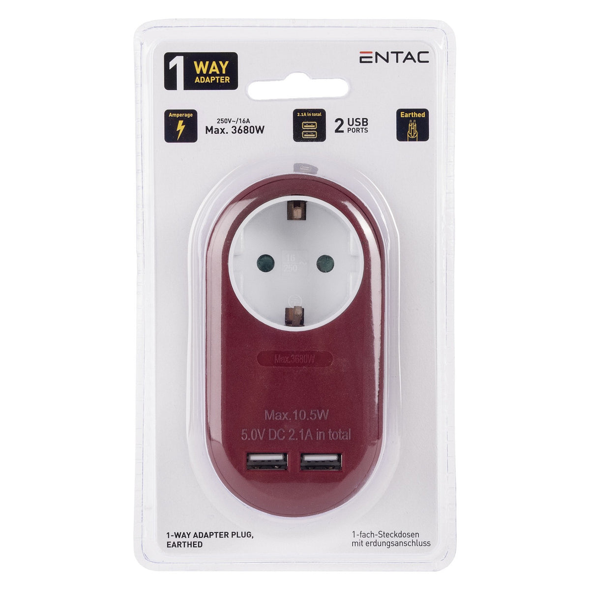 Entac Steckdosenadapter + 2x USB-A burgundy