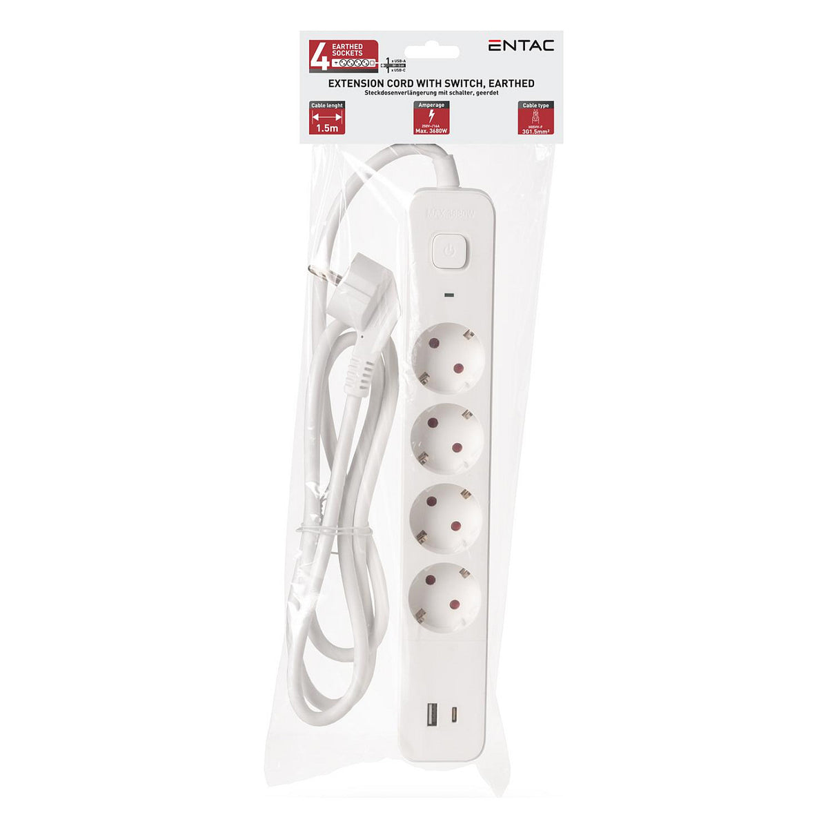 Entac Steckdosenleiste 4fach 1x USB-A & 1 USB-C, 1,5m weiß