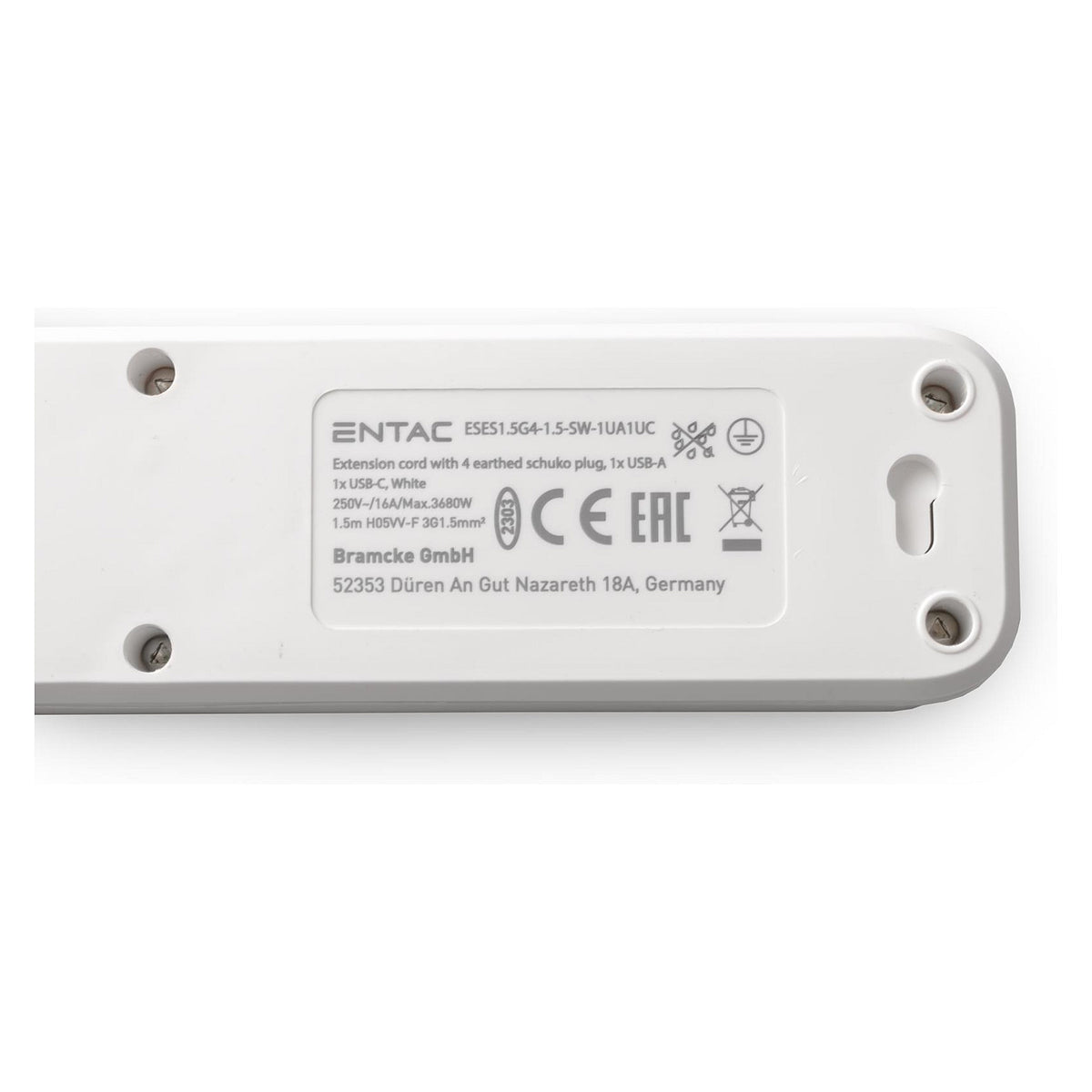 Entac Steckdosenleiste 4fach 1x USB-A & 1 USB-C, 1,5m weiß