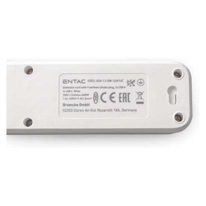 Entac Steckdosenleiste 4fach 1x USB-A & 1 USB-C, 1,5m weiß