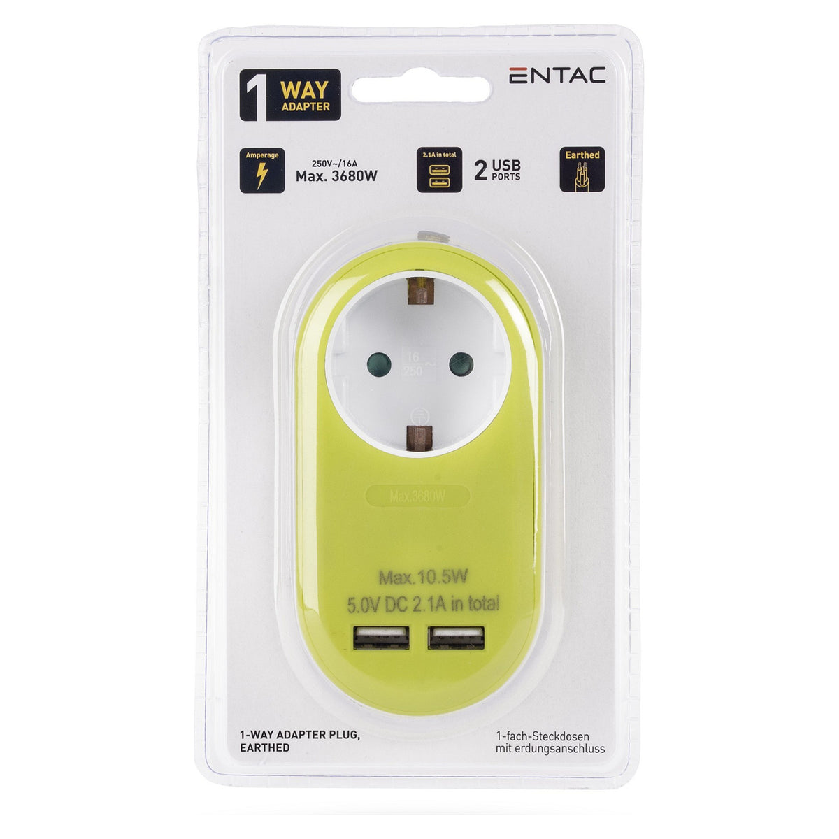 Entac Steckdosenadapter + 2x USB-A lime