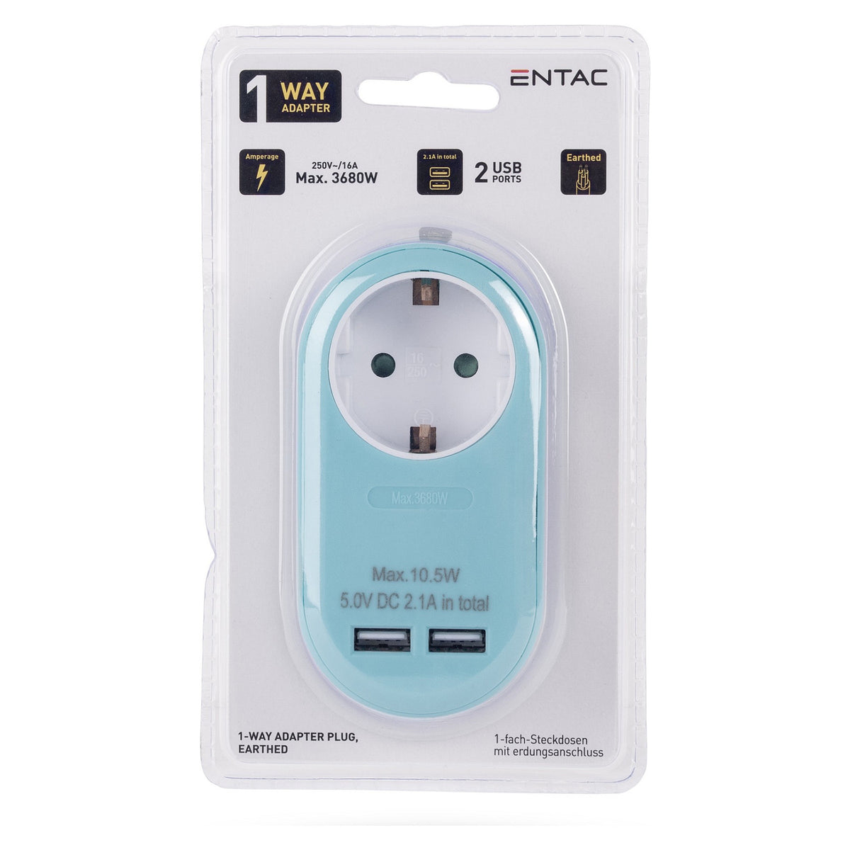 Entac Steckdosenadapter + 2x USB-A blau
