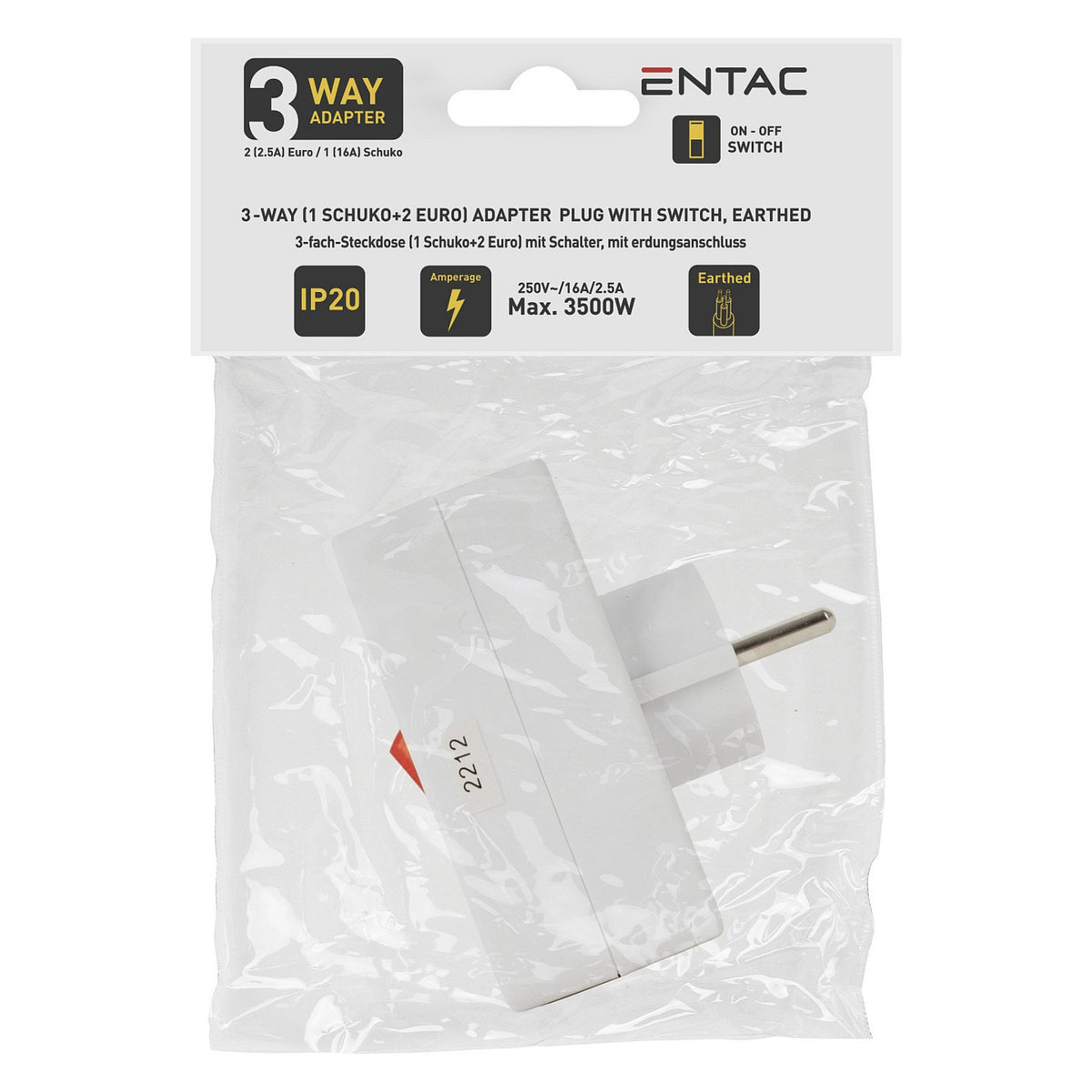 Entac Steckdosenadapter 2x Euro 1x Schukon Schalter weiß
