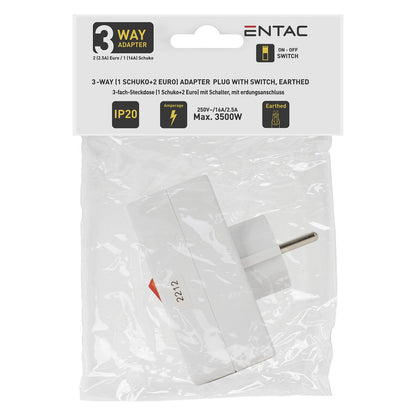 Entac Steckdosenadapter 2x Euro 1x Schukon Schalter weiß