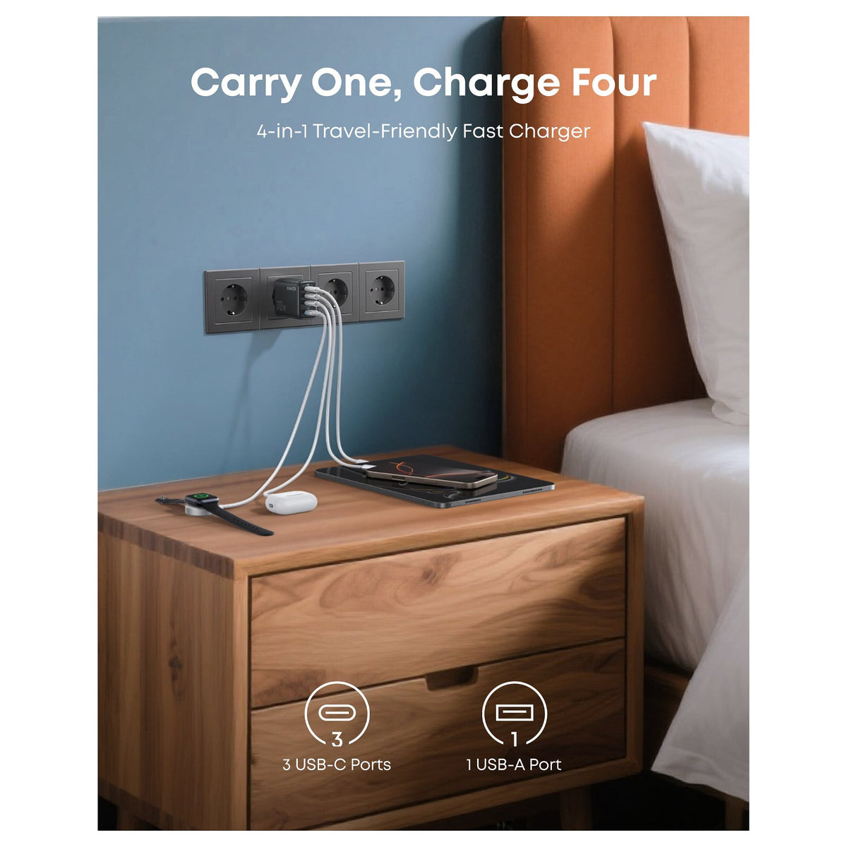 ANKER Zolo Charger 70W Ladegert 3x USB-C 1x USB-A dunkelgrau