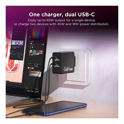 N Lenovo Dual USB-C 65W GaN-Ladegerät/ Netzteil Schwarz inkl. USB-C Kabel (1,5m)