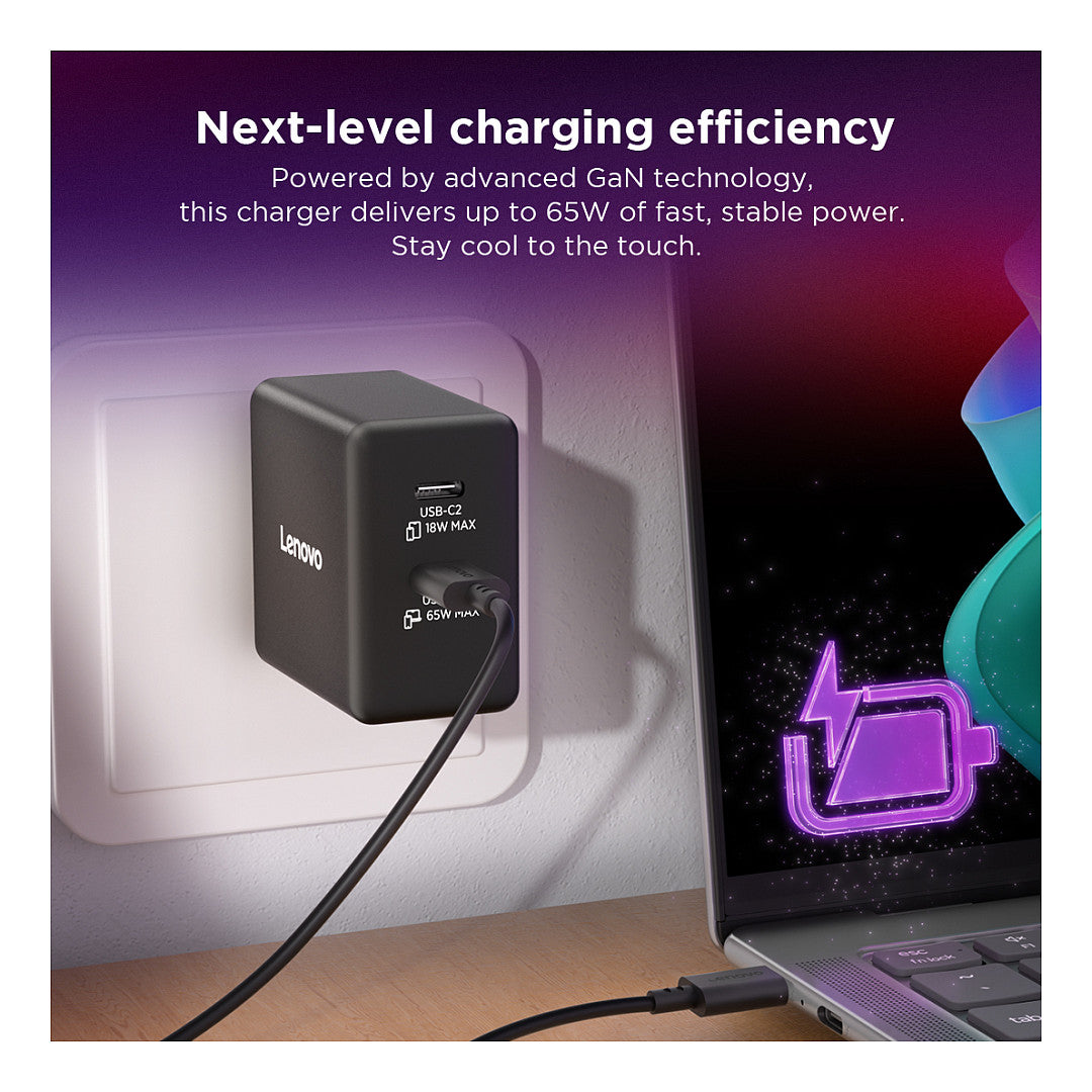 N Lenovo Dual USB-C 65W GaN-Ladegerät/ Netzteil Schwarz inkl. USB-C Kabel (1,5m)