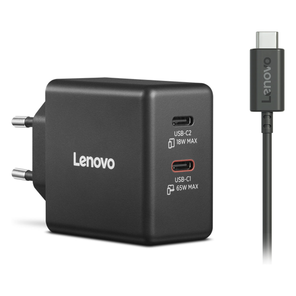 N Lenovo Dual USB-C 65W GaN-Ladegerät/ Netzteil Schwarz inkl. USB-C Kabel (1,5m)