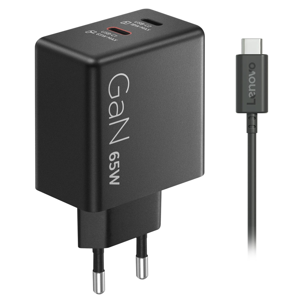 N Lenovo Dual USB-C 65W GaN-Ladegerät/ Netzteil Schwarz inkl. USB-C Kabel (1,5m)