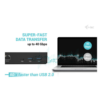 D I-TEC Thunderbolt 4 Intelligent Dual Display DS 1x TB4 2x DP 1x GLAN 1x USB-C Gen2 3x USB-A Gen2 1x USB 2.0 1x Audio/Mic PD 90W KL