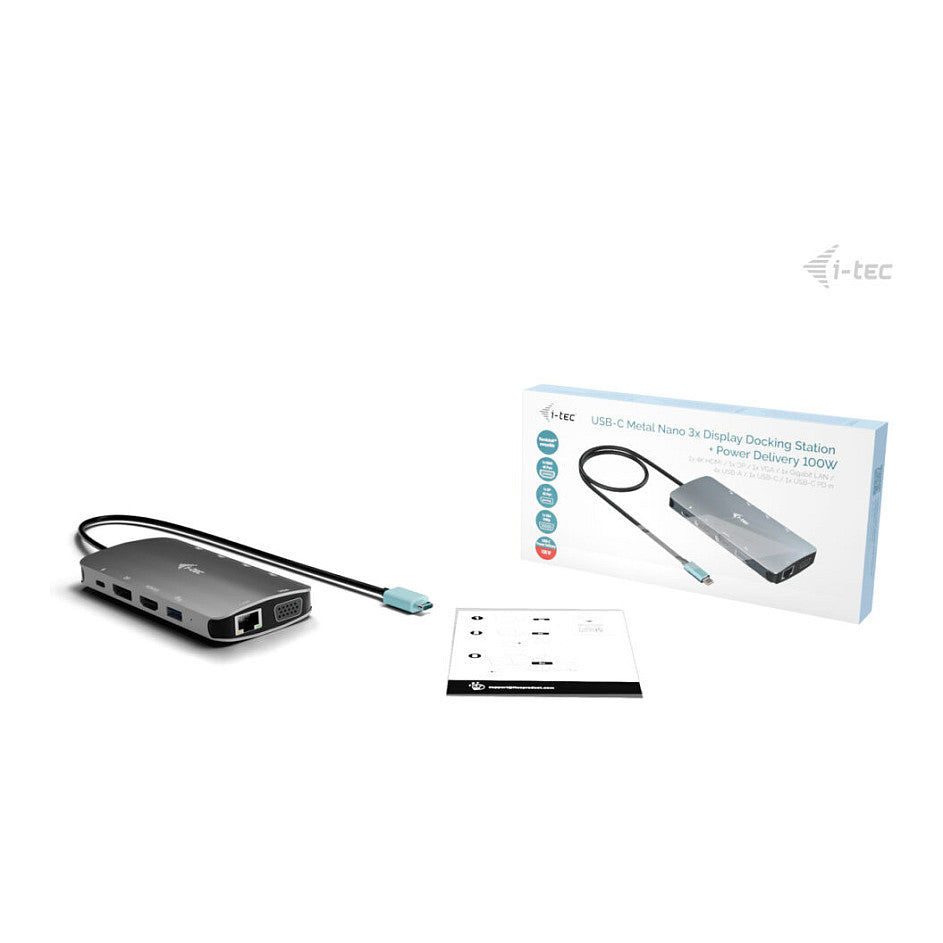 D I-TEC USB-C Metal Nano 3x Display Docking Station 1x DP 1x HDMI 1x VGA 1x GLAN 1x USB-C Gen1 4x USB-A Gen1 Power Delivery 100W