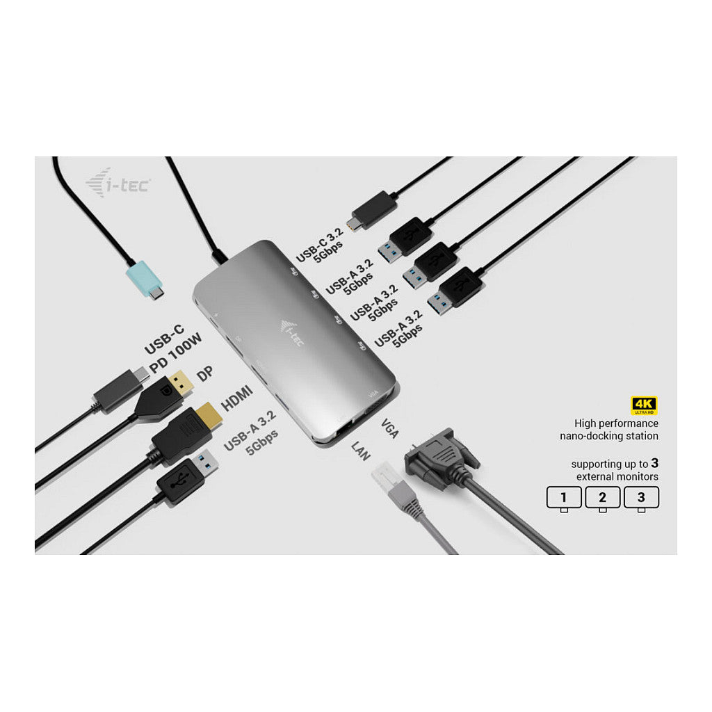 D I-TEC USB-C Metal Nano 3x Display Docking Station 1x DP 1x HDMI 1x VGA 1x GLAN 1x USB-C Gen1 4x USB-A Gen1 Power Delivery 100W