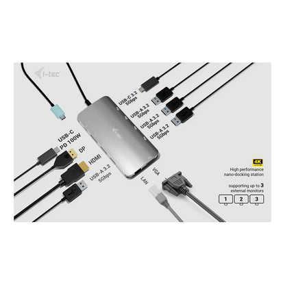 D I-TEC USB-C Metal Nano 3x Display Docking Station 1x DP 1x HDMI 1x VGA 1x GLAN 1x USB-C Gen1 4x USB-A Gen1 Power Delivery 100W