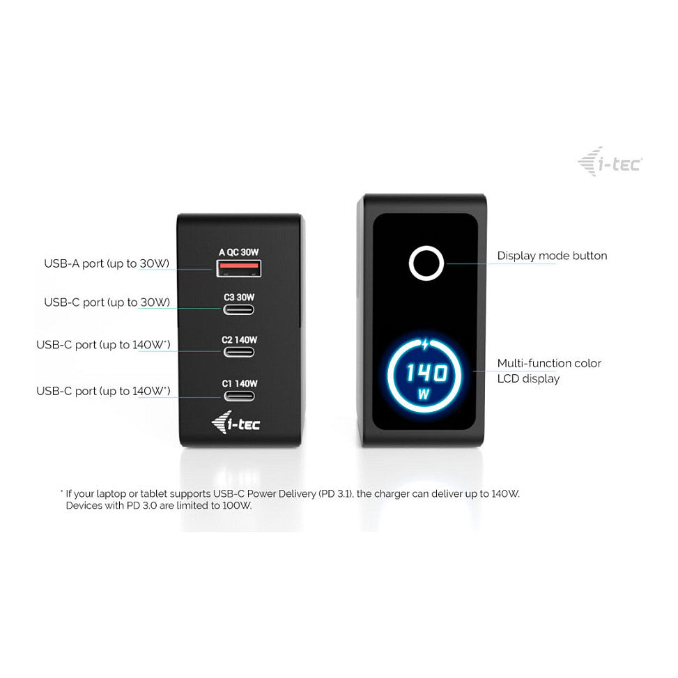 D I-TEC 140W Intelligent Multiport USB Charger 3x USB-C 1x USB-A LCD display