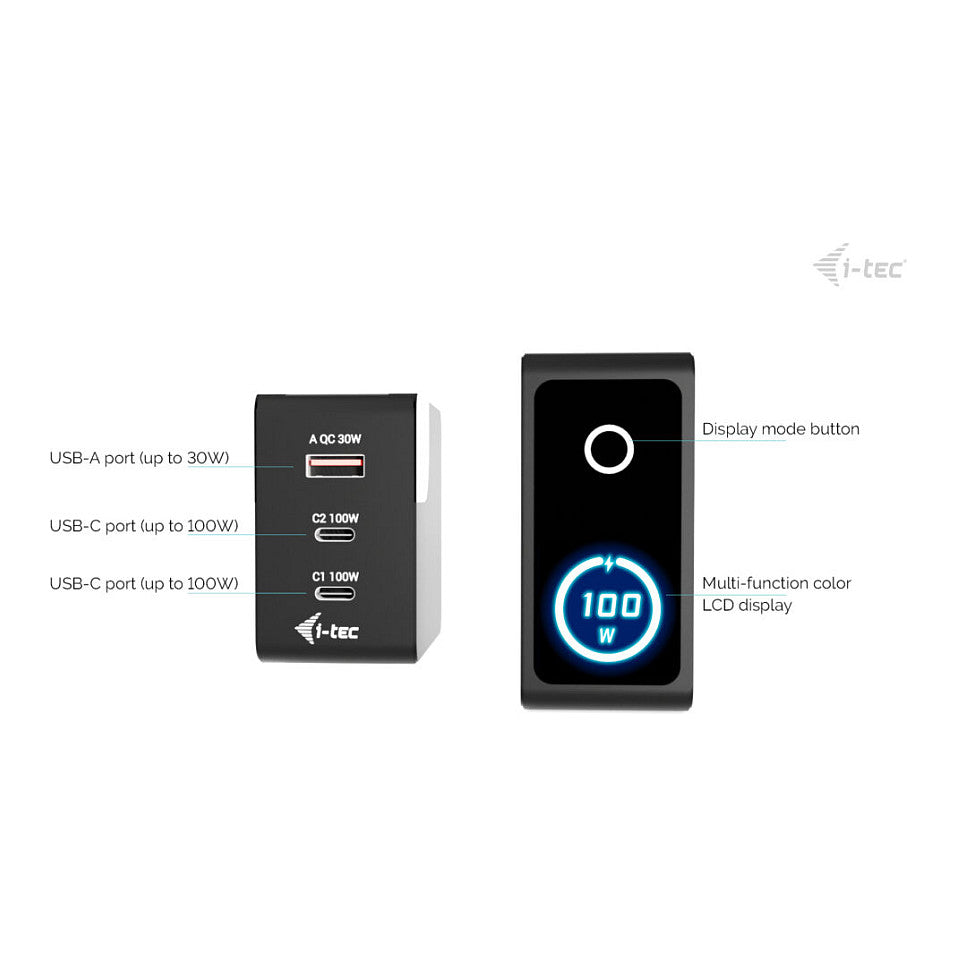 D I-TEC 100W Intelligent Multiport USB Charger 2x USB-C 1x USB-A LCD display