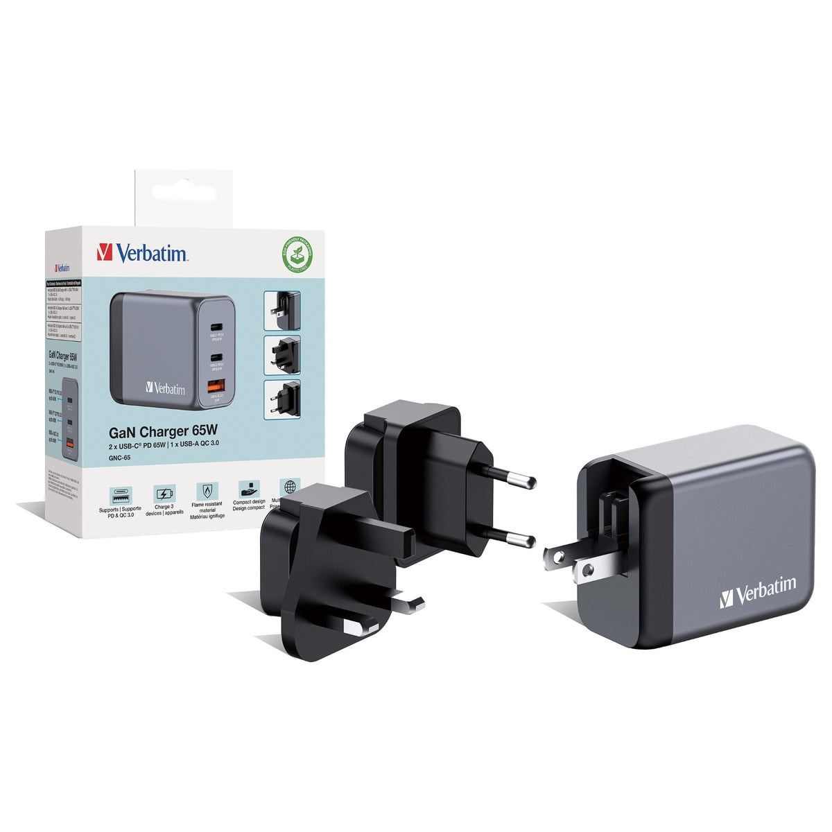 Verbatim GaN-Ladegert 65W, 1x USB-A , 2x USB-C (grau, PD 3.0, QC 3.0)