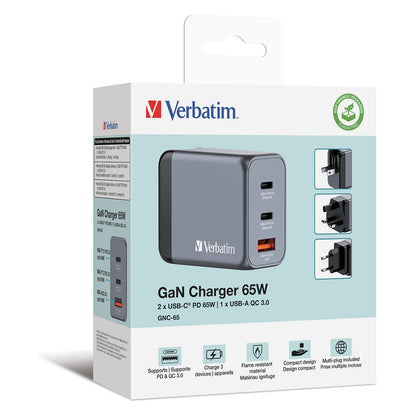 Verbatim GaN-Ladegert 65W, 1x USB-A , 2x USB-C (grau, PD 3.0, QC 3.0)