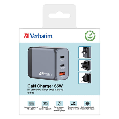 Verbatim GaN-Ladegert 65W, 1x USB-A , 2x USB-C (grau, PD 3.0, QC 3.0)