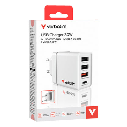 Verbatim Ladegert 30W, 1x USB-C , 3x USB-A (wei, PD 3.0, QC 3.0)