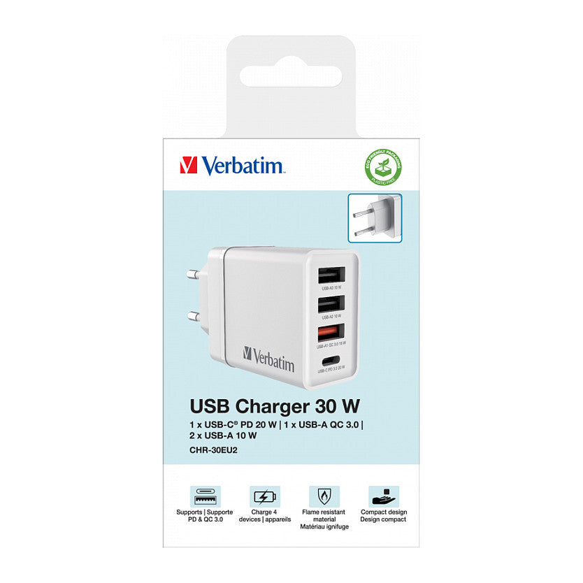 Verbatim Ladegert 30W, 1x USB-C , 3x USB-A (wei, PD 3.0, QC 3.0)