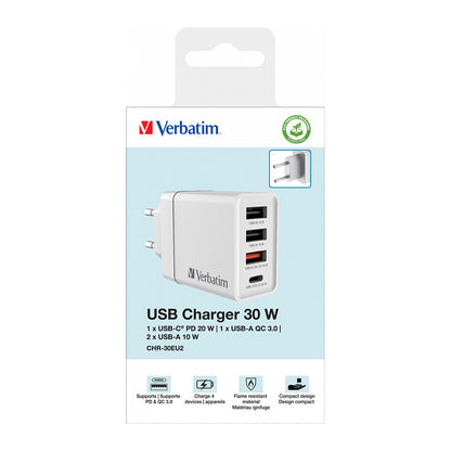 Verbatim Ladegert 30W, 1x USB-C , 3x USB-A (wei, PD 3.0, QC 3.0)